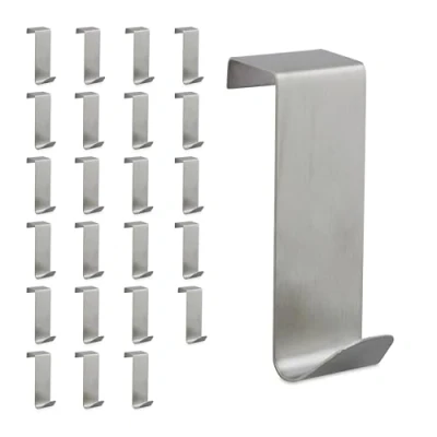 Bild av Relaxdays Dörrkrokar, set om 24, rostfritt stål, för upphängning, klädkrokar dörr och skåp, krokar 2 cm dörrfals, silver