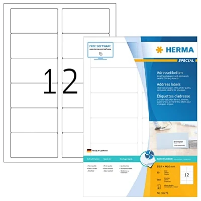 Bild av HERMA 10776 adressdekal för bläckstråleskrivare DIN A4 (88,9 x 46,6 mm, 80 ark, papper, matt) självhäftande, utskrivbara, permanenta adressetiketter, 960 självhäftande etiketter, vit