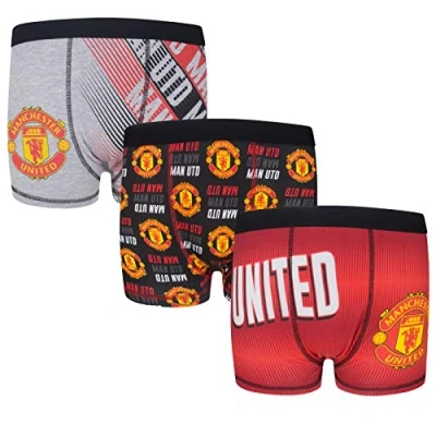 Bild av Manchester United FC Official Boxershorts för pojkar supporterpryl med klubbemblem 3 pack Röd/svart/grå 9 10 år