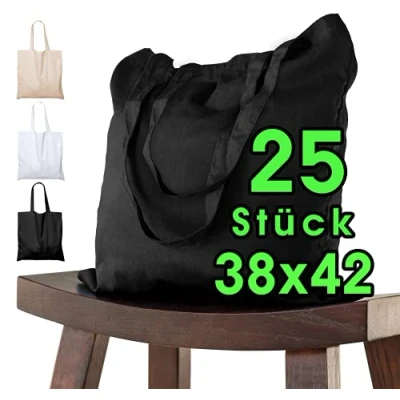Bild av ELES VIDA 25 stycken bomullspåsar 38 x 42 cm svart otryckt långt handtag tygväska bärkasse hängande väska bomullspåse jutepåse Öko Tex tygpåse shoppingpåse shoppingväska linneväska