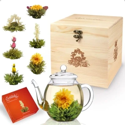 Bild av Creano Teblomma mix presentset med 500 ml tekanna i en ädel trälåda 6 olika sorter av blomte (vitt te)
