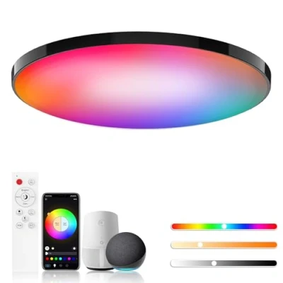 Bild av Birnetek® taklampa, LED, 30 W, RGB rund, 2700 K6500 K, dimbar, kompatibel med Alexa, appkontroll, fjärrkontroll, för sovrum, vardagsrum, svart