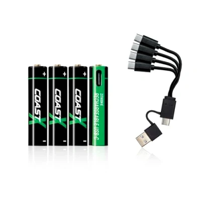 Bild av Coast AAA USB C batterier, ZITHION X, litiumjoner 1,5 V 750 mAh, hållbar, laddar på mindre än 1 timme, över 000 laddningscykler, laddningskabel ingår, 4 pack