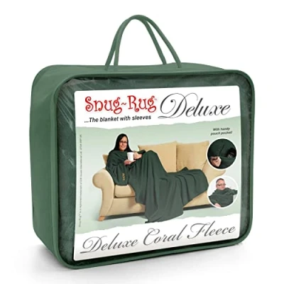 Bild av Grön Snug Rug DELUXE filt med ärmar genuin tät matta ärmade filtar 260gsm lyxig mysig supermjuk korall fleece mjukt tyg långa överdimensionerade och fickficka Vuxenstorlek
