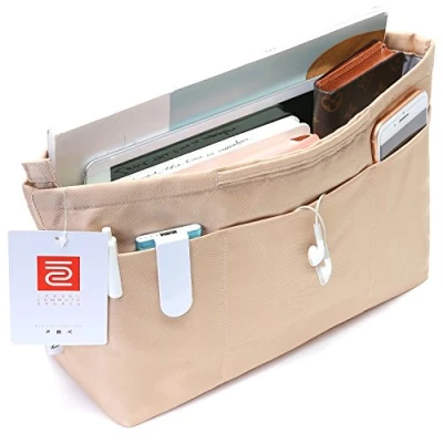Bild av iN. Handväska organisatör insats med dragkedja nylontyg för kvinnor handväskor och tygpåse beige storlek: Liten: 13 tum (topp)/22 cm (nedan) L x 11,7 B 19,5 H