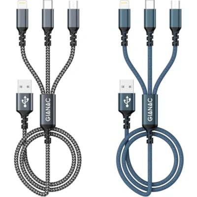 Bild av GIANAC Multi USB kabel [2 stycken 2 m] 3 i 1 universell laddningskabel snabb flera gånger med mikro typ C Lightning för iPhone, Android Galaxy, Huawei, Oneplus, Sony, Honor