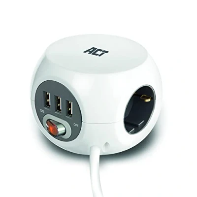 Bild av ACT uttagskub med USB, 3 vägs grenuttag USB A port, strömbrytare, flera uttag kub kabellängd m AC2410