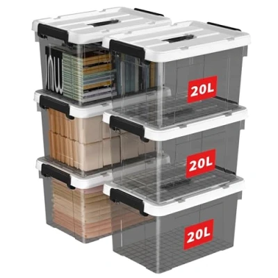 Bild av Cetomo 20 L x 6 förvaringslådor, plastförvaringslåda med lock, organiseringsbehållare handtag och säkra spärrspännen, stapelbar, kapabel, tygväska för hemmakläder, pack, klar svart