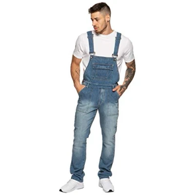 Bild av Enzo Jeans herr, blå denim, hängselbyxor, stentvättade overaller, midja 76 cm 127 cm, Blek tvätt, 40W x 32L