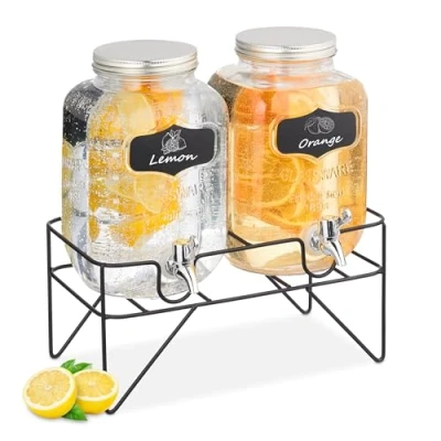 Bild av Relaxdays Dryckesdispenser med stativ, 2 citronbehållare vardera 4 l, tappkran av plast, glas, vattendispenser, transparent