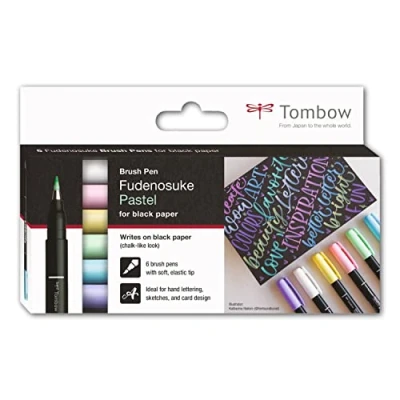Bild av Tombow set med 6 pastellfärgade fudenosuke penselpennor för svart papper