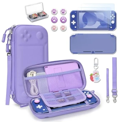 Bild av Younik Switch Lite Case, 14 in 1 Accessories Pack with Carrying Clear Protective Playing Card 2 Screen Protectors, 6 Thumb Grips, Pendant (Lila)