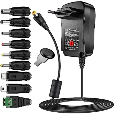 Bild av PChero 30 W universell AC/DC adapter, växelströmförsörjning med 9 st adaptrar, innehåller mini och mikro USB kontakt, för 3 V till 12 hushållelektronik LED remsor 2 000 mA max