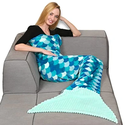 Bild av Kanguru Sirena Siren Sjöjungfru svans, mycket mjuk, mysig, fluffig, varm, mikrofiber fleece filt för vuxna, färg turkos, en storlek 70 x 200 cm