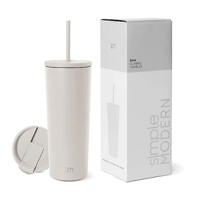 Bild av Simple Modern Isolerad Tumbler med Sugrör och Lock Iskaffekopp Återanvändbar Rostfritt Stål Vattenflaska Resemugg Gåvor för Kvinnor Män Klassisk samling 710 ml Mandelbjörk