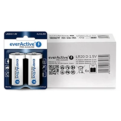 Bild av everActive D batterier 12 pack, Pro alkalisk, Mono LR20 R20 1,5 V, högsta prestanda, 10 års hållbarhet, stycken 6 blisterkort