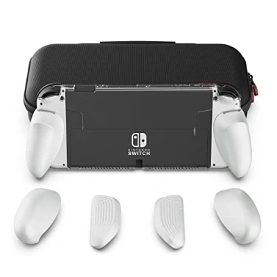 Bild av Skull &amp; Co. GripCase OLED Bundle for Nintendo Switch Model: A Dockable Transparent Protective Case with Interchangeable Grips [to fit All Hands Sizes] [with Carrying Case] White