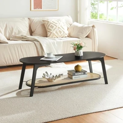 Bild av [en.casa] soffbord Taivalkoski vardagsrumsbord med förvaringsutrymme bambu 120 x 43 40 cm sidobord nedre hylla ovalt svart rottingutseende