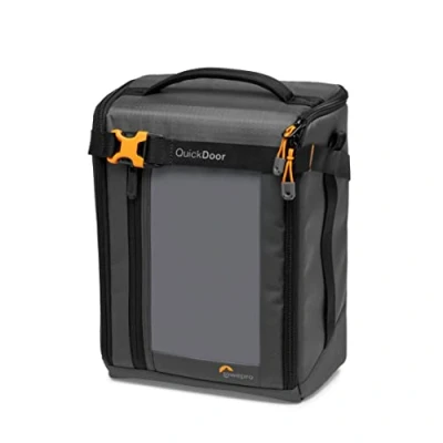 Bild av Lowepro GearUp Creator Box Extra Large II, spegelfri och DSLR kameraväska, kamerafodral med QuickDoor åtkomst, tillverkad återvunnet tyg, orange vadderade interiördelare, grå