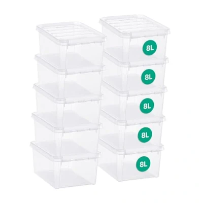 Bild av SmartStore 8 L x10 st Förvaringslådor i plast med lock 10 års garanti livsmedelssäker clips stapelbara BPA fri L34 x B25 H16 cm
