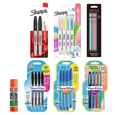 Bild av Paper Mate, sharpie, rotring och Elmers skrivmaterial Kulspetspennor, tuschpennor, vattenfasta pennor, överstrykningspennor, HB penn limstift Perfekt för skolan eller kontoret 23 st.