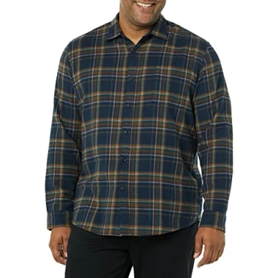 Bild av Amazon Essentials Men&#039;s Långärmad flanellskjorta (finns i Big &amp; Tall), Brun Mörk marinblå Rutig, M