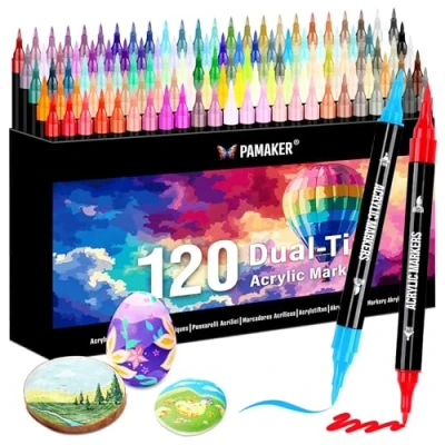 Bild av 120 färger akrylpennor set akrylmärkpenna med fin spets och pensel för tyg, duk, glas, trä papper perfekt barn vuxna, ritning gör det själv pysselprojekt