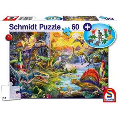 Bild av Schmidt Games 56372 Dinosaurs, 60 pieces children&#039;s puzzle, with add on (dinosaur figure set)