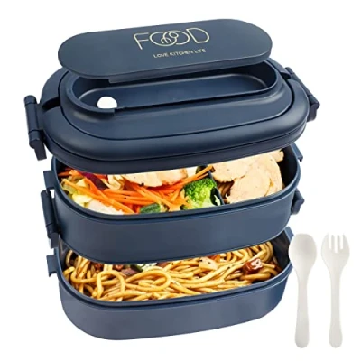 Bild av OITUGG 2 lagers lunchlåda 1 550 ml Bento låda med bestickset 3 fack för vuxna män kvinnor, BPA fri, mikrovågsugnssäker, 19,2 x 11,5 12 cm, blå