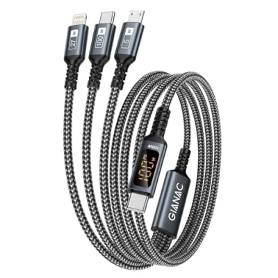 Bild av 100 W USB C till Multi laddningskabel [0,5 m] 3 i 1 snabbladdningskabel med E Mark Chip PD[100 W]+Micro[10 W] Lightning[27 LED display för Galaxy S23, iPhone 15