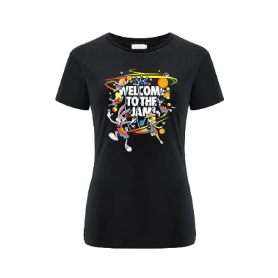 Bild av Warner Bros. Space Jam 2, 003, Kortärmad T shirt dam, 100% bomull, Ensidigt levande tryck, Size 3XL, Black, Sömlös design, Smidigt och elastiskt tyg för vardaglig lätthet