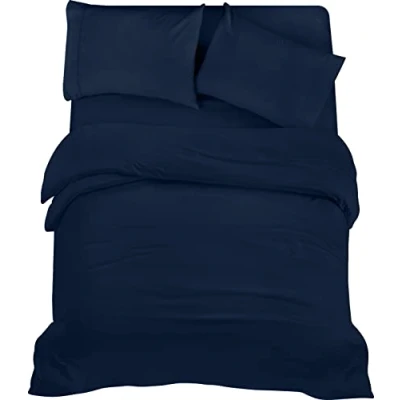 Bild av Utopia Bedding 4 Piece Sängkläder Set Mjuk Borstad Microfiber Polyester Påslakan (200x200cm), Spännlakan (135x190cm) med Kuddfodral (50x75cm), Marinblått