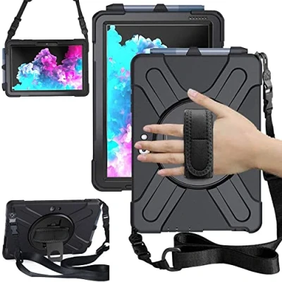 Bild av TECHGEAR X fodral passar Microsoft Surface Go 4/Surface 3/2/1 10,5 tum tuff robust kraftig rustning stöttåligt implem, 360 roterande stativ, handrem och axelrem svart