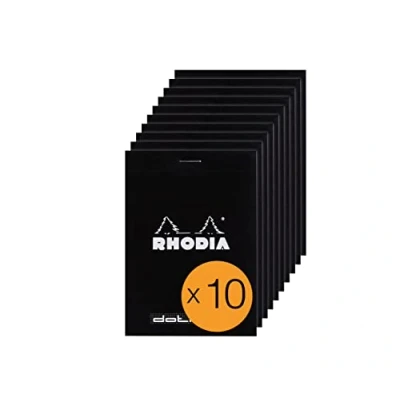 Bild av RHODIA 12559C Dotpad häftade anteckningsblock nr 12 svart 8,5 x cm prickigt 80 löstagbara ark G vitt Clairefontaine papper belagd kort omslag förpackning med 10 block