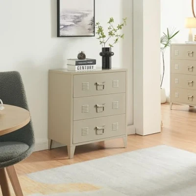 Bild av [en.casa] Byrå hemlinna metallskåp med 3 lådor multifunktionellt skåp stål vardagsrum kontor industriellt arkivskåp 60 x 40 72 cm kamelfärger