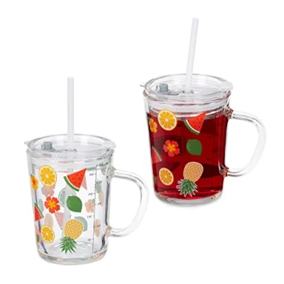 Bild av Relaxdays Barnglas set om 2, fruktmotiv, dricksglas barn, handtag, lock och sugrör, 400 ml skala, transparent, glas