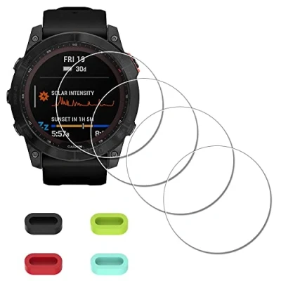 Bild av IDaPro [4 pack] skärmskydd för Garmin fenix 7X Pro safir Solar/Fenix solklocka härdat glas + silikon anti dammpluggar reptålig