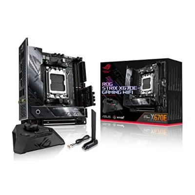 Bild av ASUS ROG Strix X670E I Gaming WiFi AMD Ryzen AM5 ITX moderkort, 10 + 2 effektsteg, Hive, EZ läge PBO knapp, PCIe 5.0, DDR5 stöd, Wi Fi 6E, två M.2 kortplatser, USB4 Type C portar