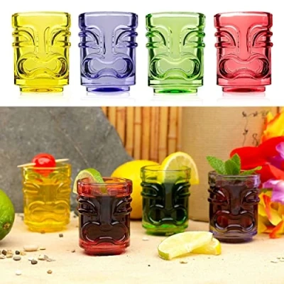 Bild av CKB LTD Färgade Tiki Bar Shot glas 45 ml paket med 4 dricksskjutare Nyhet Small Spirit Drick perfekt för Hawaiian Party Färgat