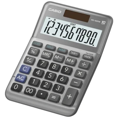 Bild av Casio Bordsräknare MS 100FM, 10 siffrig skatteberäkning, kostnad/försäljning/margin, aluminiumfront, teckenförändring, sol /batteridrift