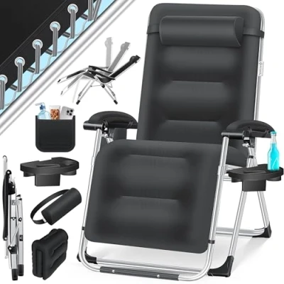 Bild av KESSER® Solstol, vikbar trädgårdsstol, extra bred och väderbeständig, lastbar 200 kg, ergonomisk stoppning, justerbart ryggstöd inkl. nackkudde, mugghållare armstoppning, svart