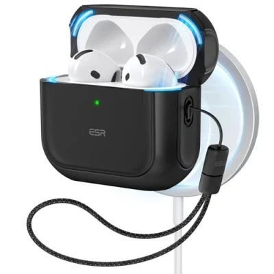 Bild av ESR för AirPods 4:e generationens fodral, kompatibel med 4 Gen (2024) (USB C), MagSafe, droppskyddskåpa snodd, Orbit hybridfodral, svart
