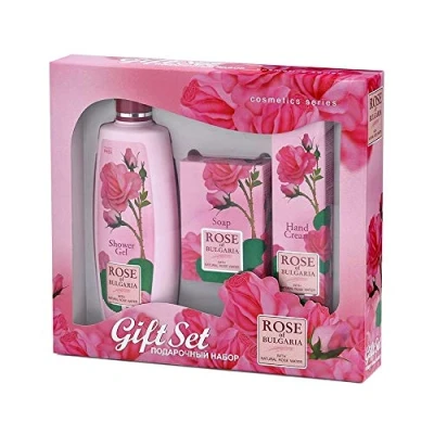 Bild av BioFresh present paket ros i Bulgaria: Duschgel 330 ml, handkräm 75 ml och rosa tvål 100 g.