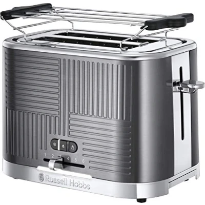Bild av Russell Hobbs brödrost, 2 skivor, 6 justerbara rostningsnivåer, extra breda fack, uppvärmningsgaller, upptining, uppvärmningsfunktion, 1640W, teknologi för snabbare rostning, Geo Steel 25250 56