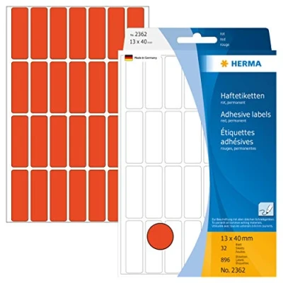 Bild av HERMA 2362 multifunktionsetiketter mini (13 x 40 mm, 32 ark, papper, matt) självhäftande, permanenta hushållsetiketter för handskriven märkning, 896 klistermärken, röd