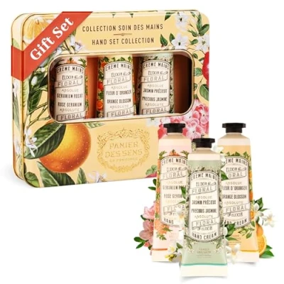 Bild av Panier des Sens Kvinnors gåva Trio handkräm återfuktande apelsinblomma, jasmin och geranium presentidé till dam tillverkad i Frankrike vårdset 96 % naturliga ingredienser 3 x 30 ml