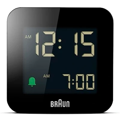 Bild av Braun Digital Travel Alarm Clock with Snooze, Compact Size, Negative LCD Display, Quick Set, Crescendo Beep in Black, model BC08B.
