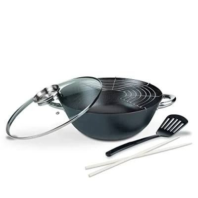 Bild av GSW 860956 Gjutjärn professionell multifunktionell plugg/wokset med glaslock 32 cm/5 stycken/ca 6,2 liter, svart, cm, 5 enheter