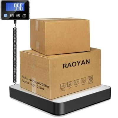 Bild av RAOYAN Postvåg 440lb, Digital Postage skala Hög Precision 10g med Håll/tara Funktion/LCD, Portovåg Plattformsvåg Paketvåg Idealisk för lager, Flygplats och Kök, USB laddning/2 AAA Batterier