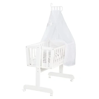 Bild av roba Babysäng 40 x 90 cm i Trä Räv &amp; Kanin Vagga med hjul Sänguppsättning komplett låsfunktion Inklusive textilutrustning vit